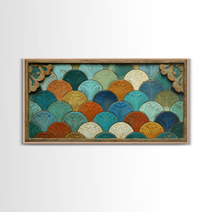 Turquoise Tile Fish Scale Pattern Framed Canvas Print, Moroccan Art, Living Room Rug, Living Room Decor, Abstract Art, MOR-2x1-65