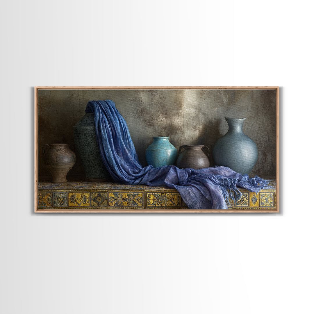 Tuareg Blue Scarf Portrait Framed Canvas Print, Moroccan Art, Living Room Decor, Marrakesh, Travel Poster, Map Wall Art, MOR-2x1-86