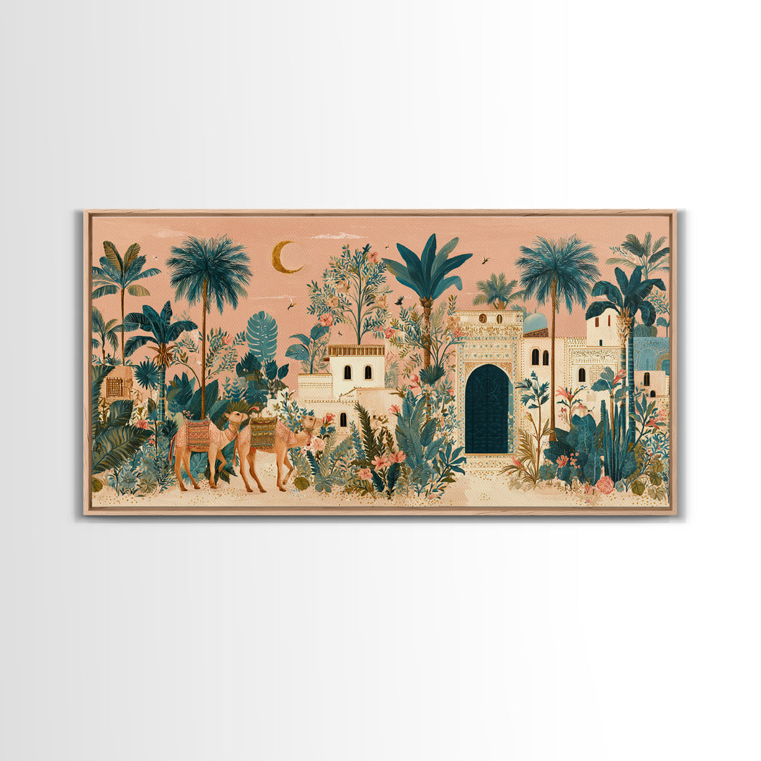 Desert Camel Caravan Framed Canvas Print, Moroccan Art, Statement Artwork, Living Room Decor, Oil Painting, Marrakesh, MOR-2x1-95