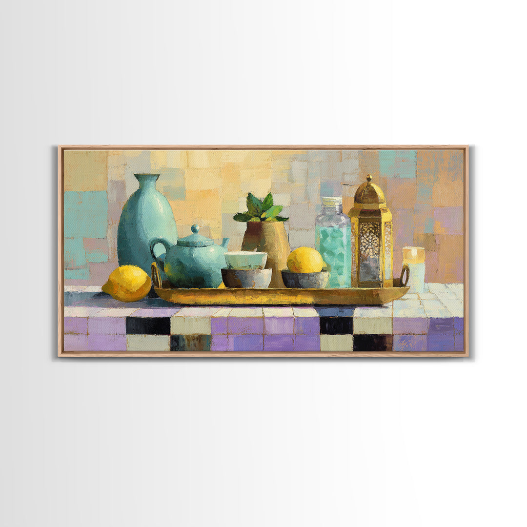 Moroccan Tea Set Framed Canvas Print, Moroccan Art, Gallery Wall Set, Living Room Decor, Oil Painting, Marrakesh, MOR-2x1-96