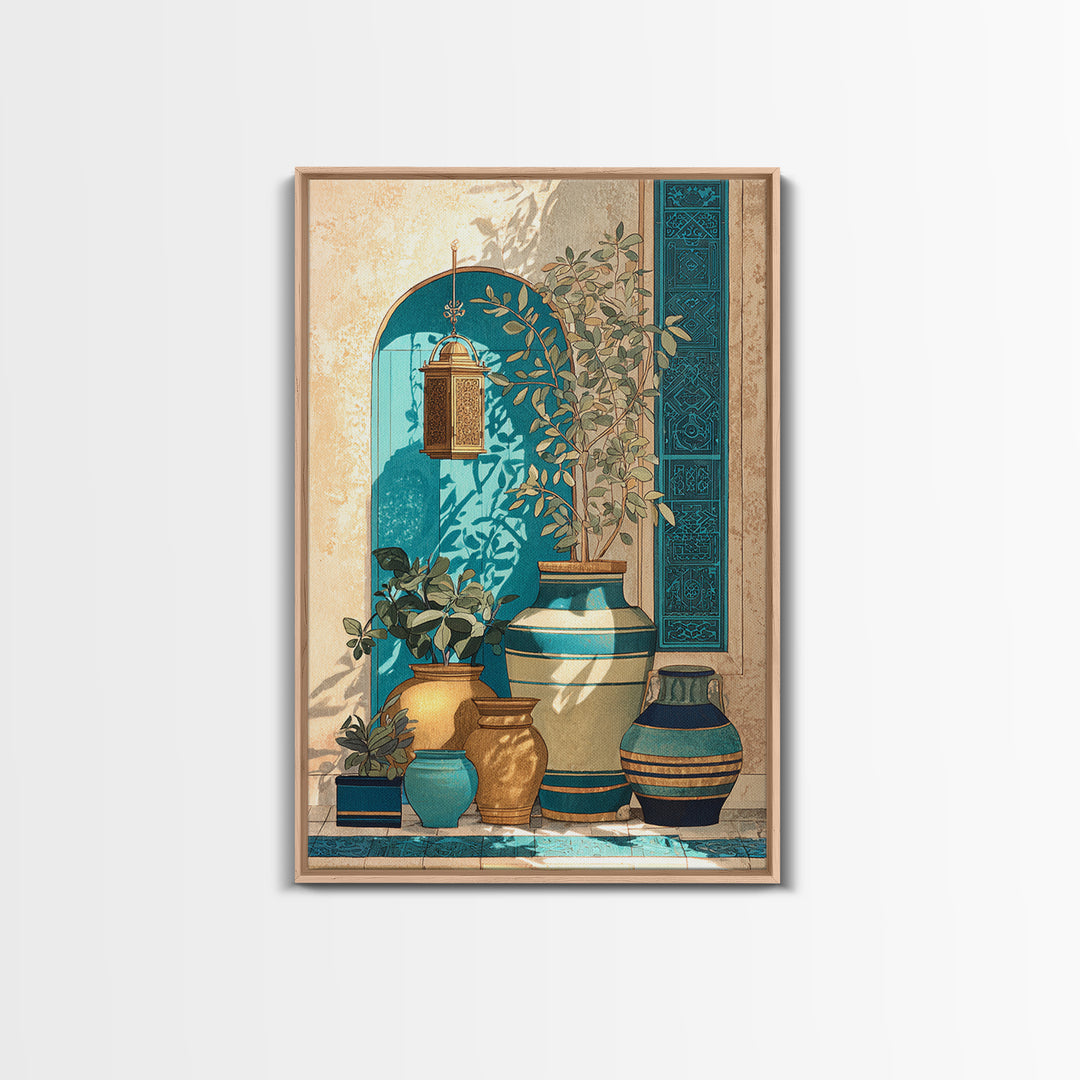 Brass Lantern Still Life Casting Lace Shadows Framed Canvas Print, Moroccan Art, African Art, Living Room Decor, Abstract Art, MOR-2x3-17