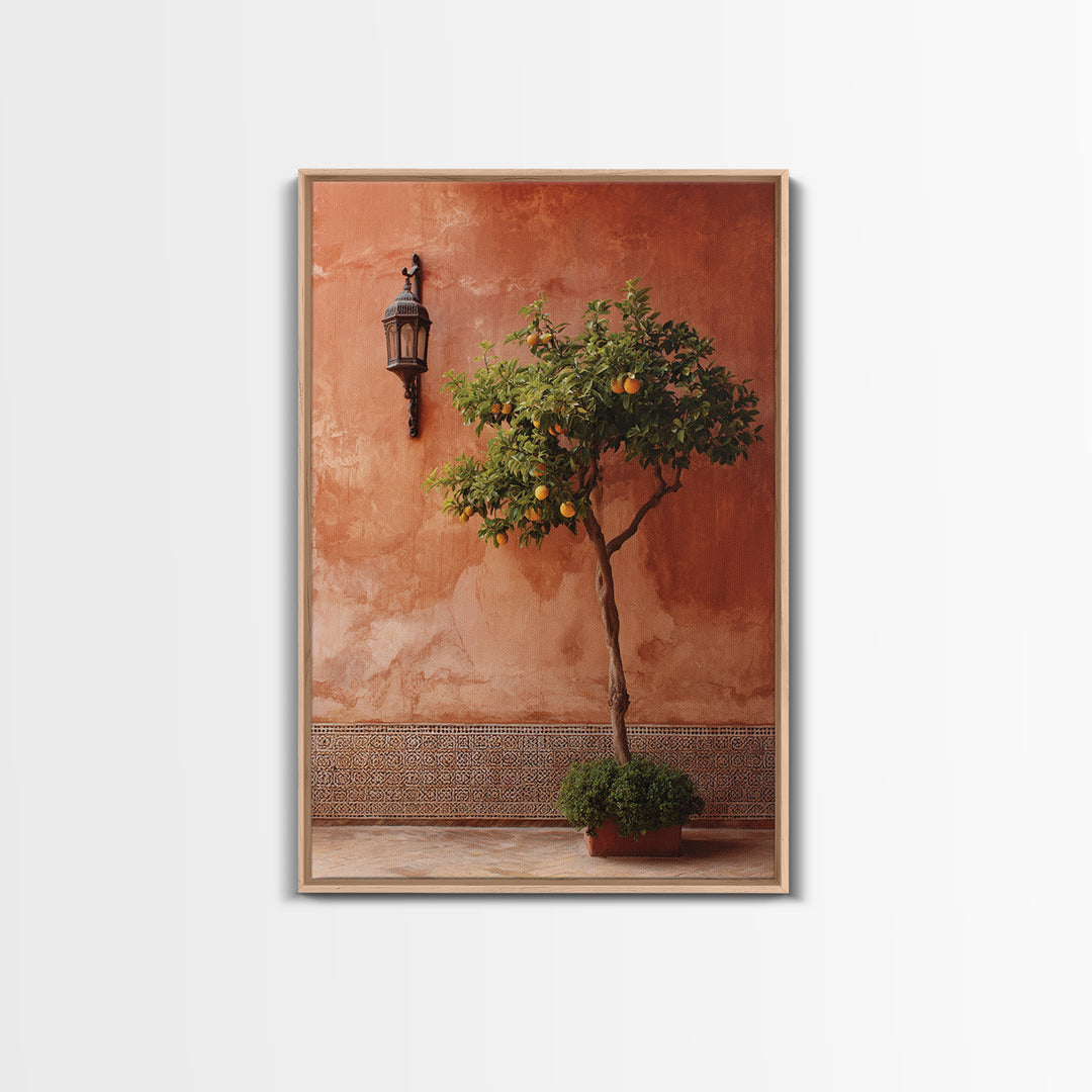 Orange Tree in Tiled Courtyard Framed Canvas Print, Moroccan Art, Modern Wall Art, Living Room Decor, Oil Painting, Marrakesh, MOR-2x3-21