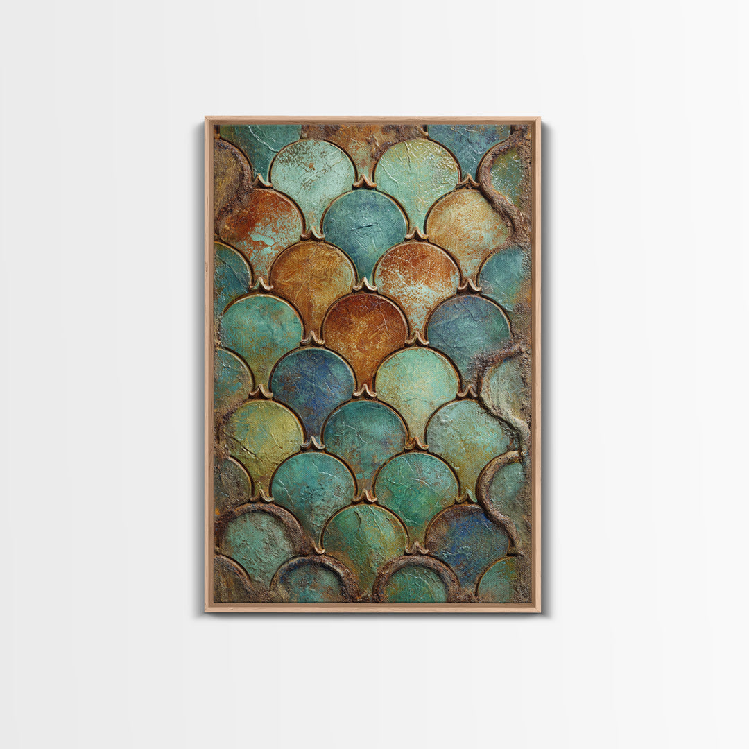 Turquoise Tile Fish Scale Pattern Framed Canvas Print, Moroccan Art, Gallery Wall Set, Living Room Decor, Oil Painting, MOR-2x3-53
