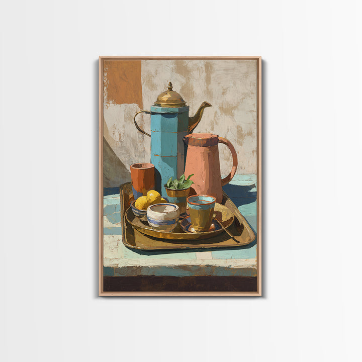 Moroccan Tea Set Framed Canvas Print, Moroccan Art, African Art, Living Room Decor, Fine Art, Marrakesh, Neutral Decor, MOR-2x3-60