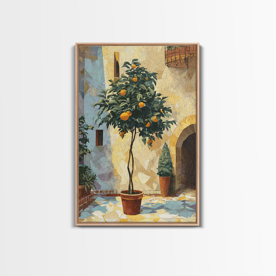 Orange Tree in Tiled Courtyard Framed Canvas Print, Moroccan Art, Neutral Wall Art, Living Room Decor, Fine Art, Marrakesh, MOR-2x3-93