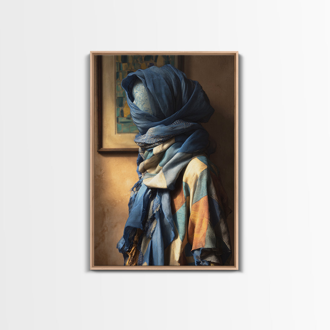 Tuareg Blue Scarf Portrait Framed Canvas Print, Moroccan Art, Modern Wall Art, Living Room Decor, Fine Art, Marrakesh, MOR-2x3-98
