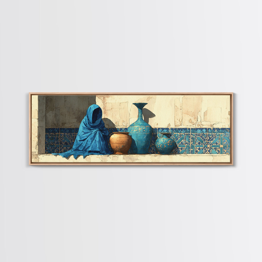 Tuareg Blue Scarf Portrait Framed Canvas Print, Moroccan Art, Gallery Wall Set, Living Room Decor, Fine Art, Marrakesh, MOR-3x1-82