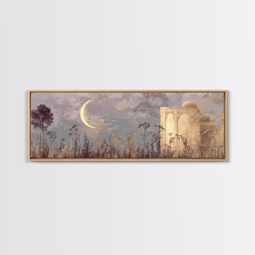 Camel Silhouette Beneath Crescent Moon Framed Canvas Print, Moroccan Art, Living Room Rug, Living Room Decor, Marrakesh, MOR-3x1-99