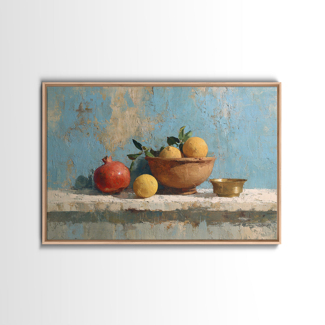 Pomegranate and Brass Bowl Still Life Framed Canvas Print, Moroccan Art, Moroccan Decor, Living Room Decor, Oil Painting, MOR-3x2-50