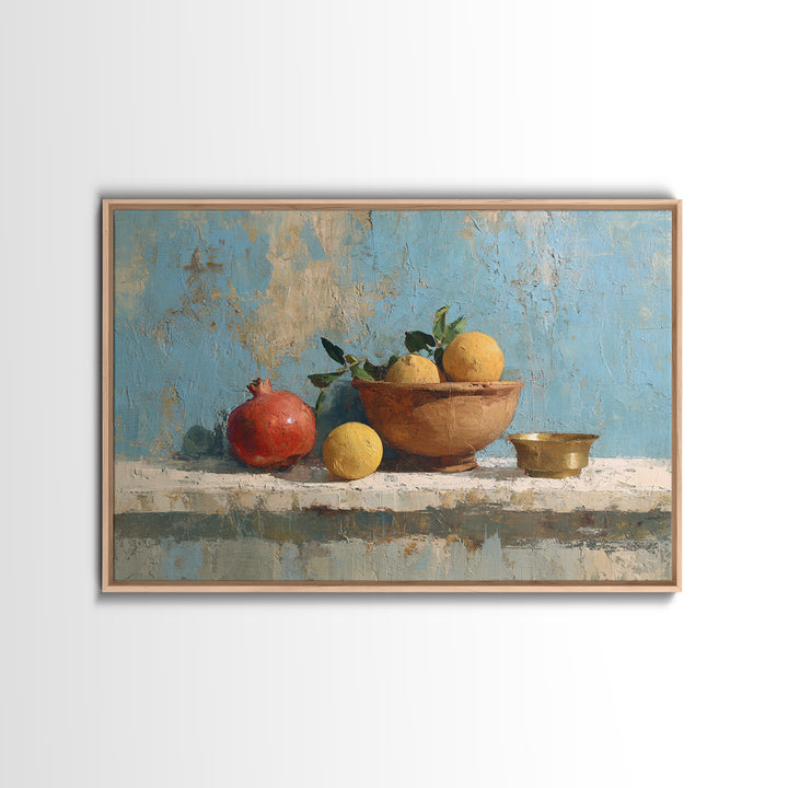 Pomegranate and Brass Bowl Still Life Framed Canvas Print, Moroccan Art, Moroccan Decor, Living Room Decor, Oil Painting, MOR-3x2-50