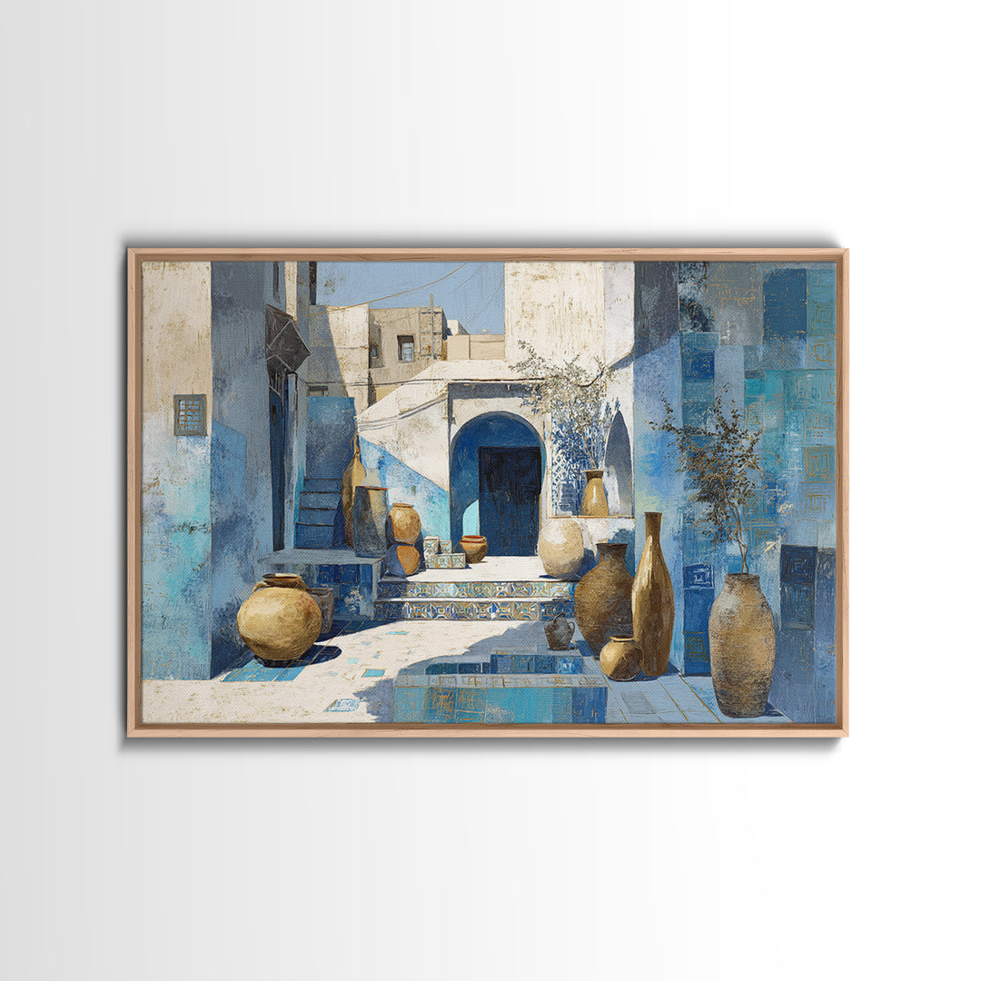 Blue City Alley Rendered as Painterly Shapes Canvas Print, Moroccan Art, Travel Wall Art, Living Room Decor, Abstract Art, MOR-3x2-58