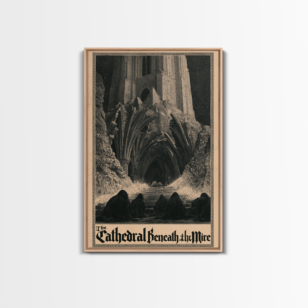 The Cathedral Beneath The Mire, English Language Horror Movie Poster, Gothic Engraving Art, Retro Horror Movie Art, Canvas Print