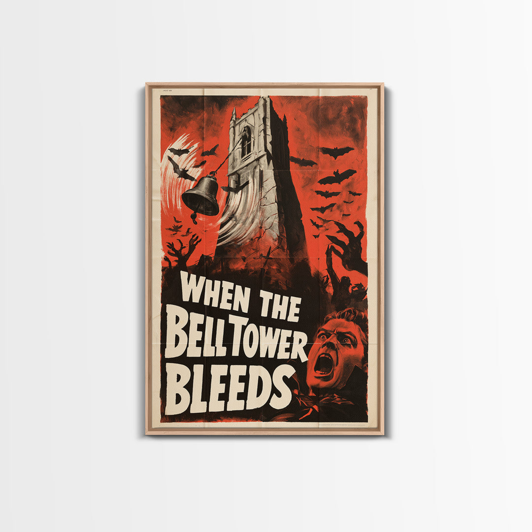 When The Bell Tower Bleeds, English Language Horror Movie Poster, 1950s Creature-Feature One-Sheet Inspired Art, Cult Horror Poster