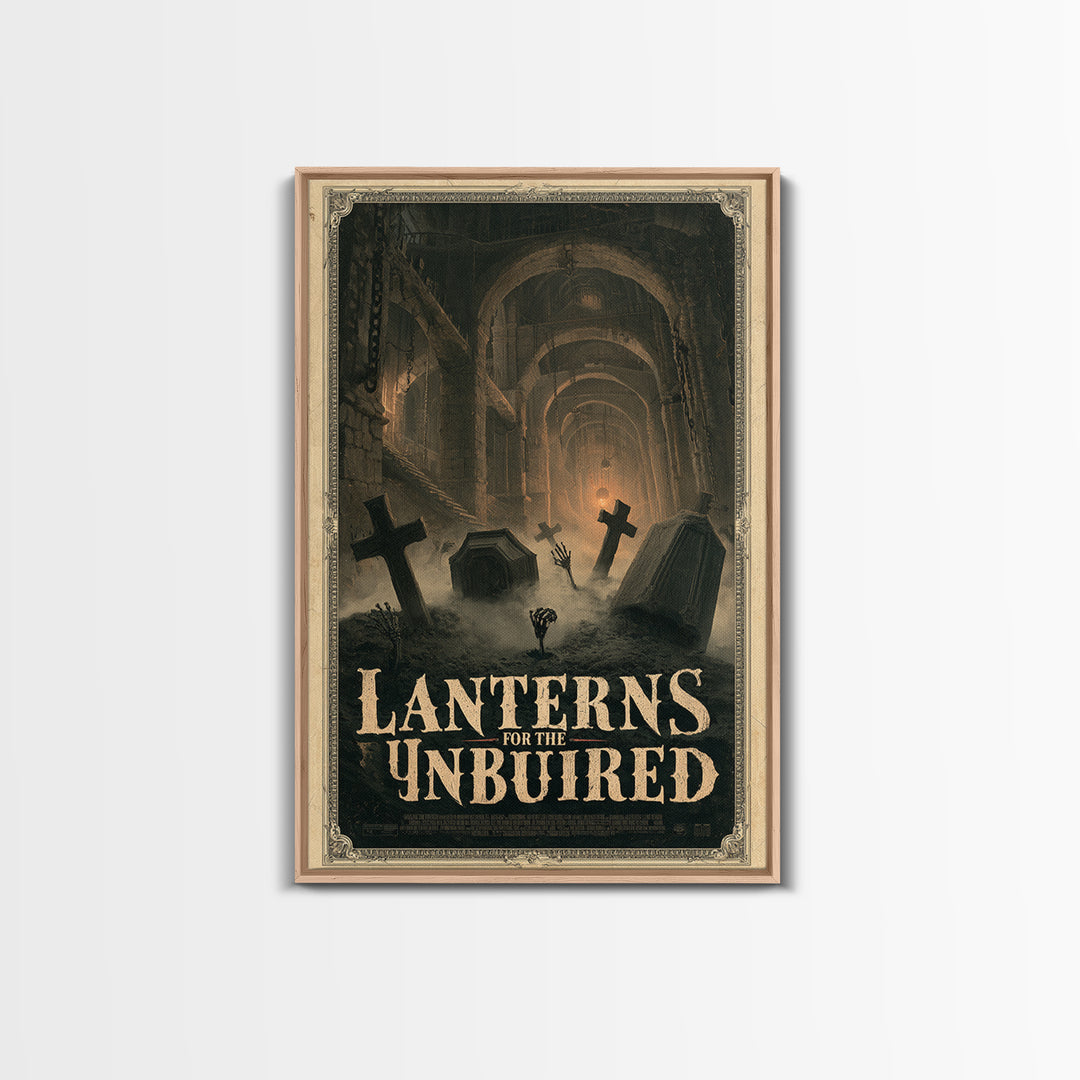 Lanterns For The Unburied, English Language Horror Movie Poster, Architectural Etching Art, Retro Horror Movie Art