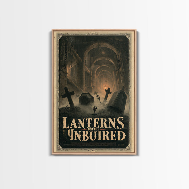 Lanterns For The Unburied, English Language Horror Movie Poster, Architectural Etching Art, Retro Horror Movie Art
