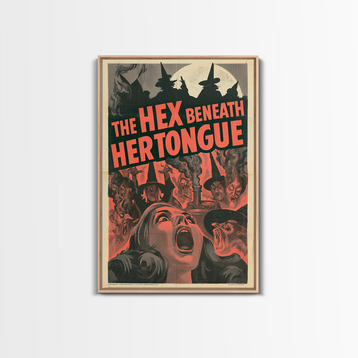The Hex Beneath Her Tongue, English Language Horror Movie Poster, 1950s Creature-Feature One-Sheet Inspired Art, Gothic Cinema Wall Art