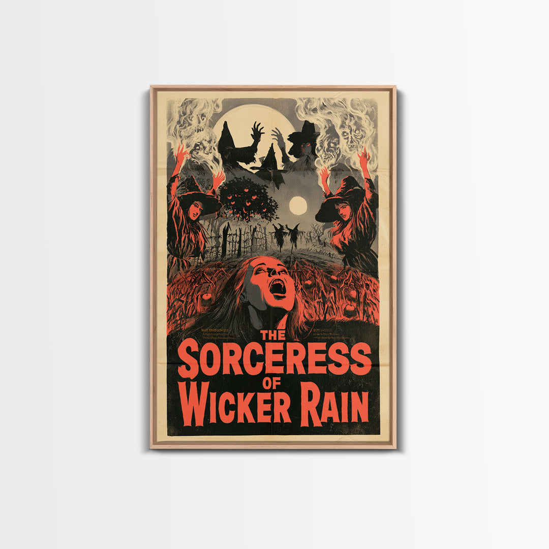 The Sorceress Of Wicker Rain, English Language Horror Movie Poster, 1950s Creature-Feature One-Sheet Inspired Art, Retro Horror Movie Art