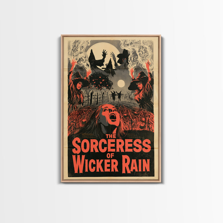 The Sorceress Of Wicker Rain, English Language Horror Movie Poster, 1950s Creature-Feature One-Sheet Inspired Art, Retro Horror Movie Art