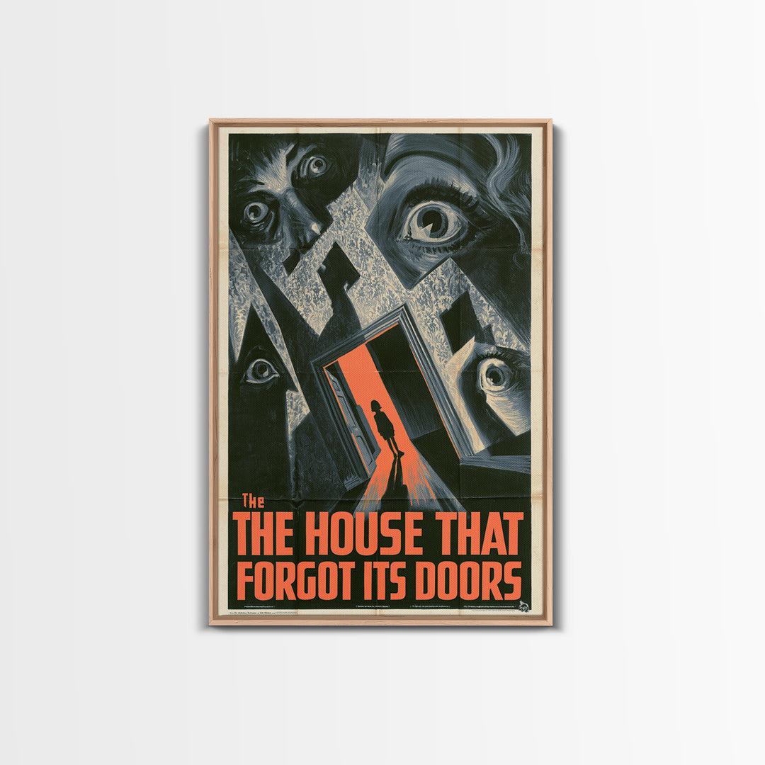The House That Forgot Its Doors, English Language Horror Movie Poster, 1930s Horror Art, Retro Horror Movie Art, Framed Canvas Print