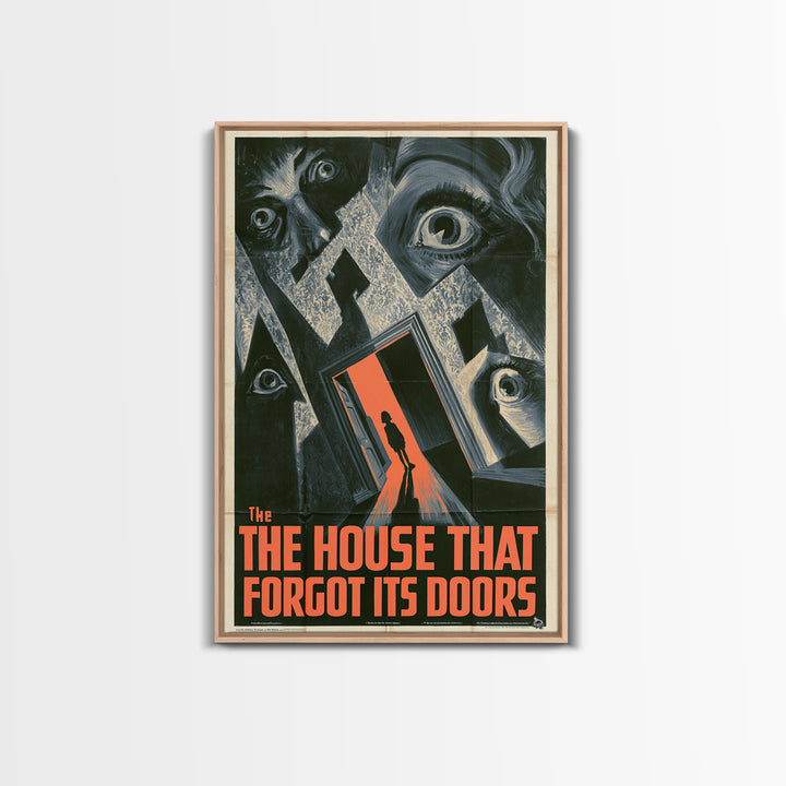The House That Forgot Its Doors, English Language Horror Movie Poster, 1930s Horror Art, Retro Horror Movie Art, Framed Canvas Print