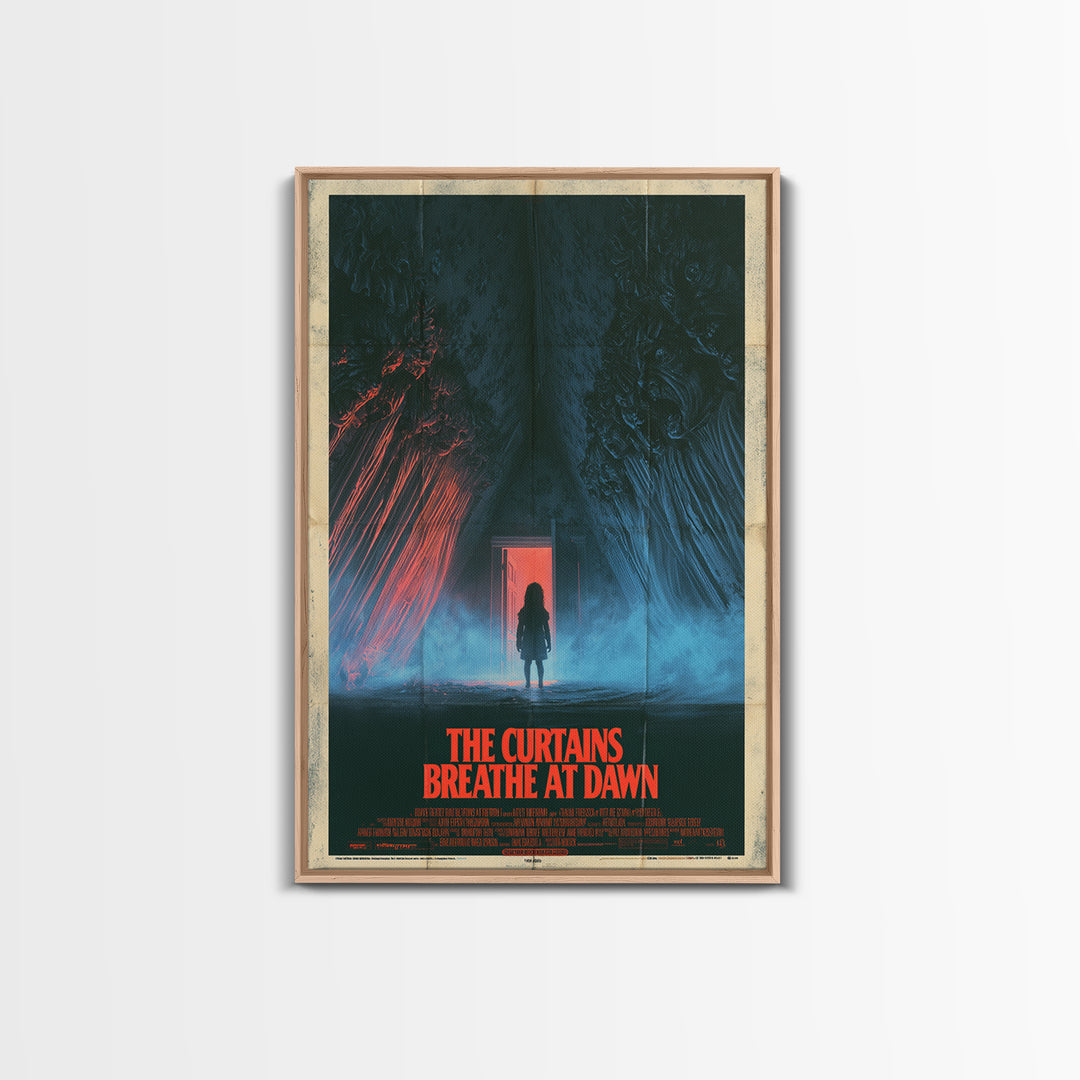 The Curtains Breathe At Dawn, English Language Horror Movie Poster, 1980s Vhs Nightmare Cover Inspired Art, Retro Horror Movie Art