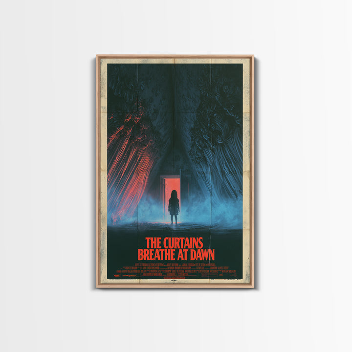 The Curtains Breathe At Dawn, English Language Horror Movie Poster, 1980s Vhs Nightmare Cover Inspired Art, Retro Horror Movie Art