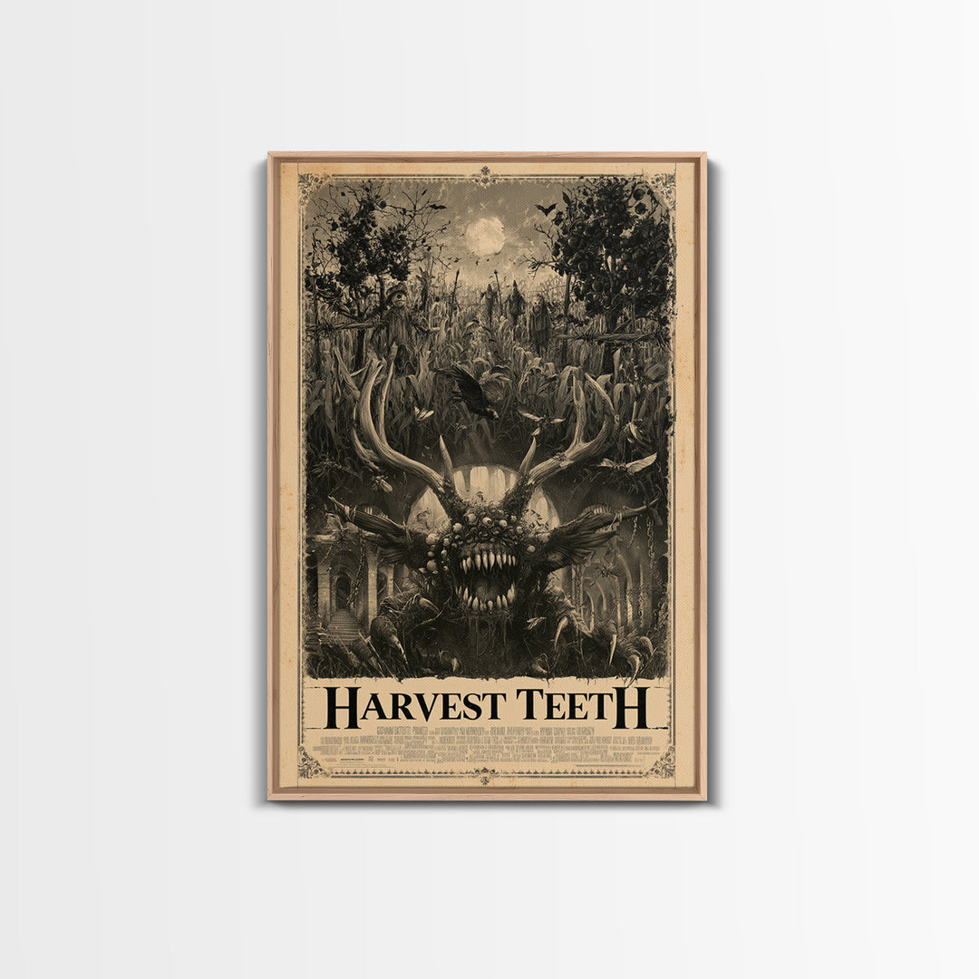 Harvest Teeth, English Language Horror Movie Poster, Architectural Etching Art, Classic Monster Poster, Framed Canvas Print