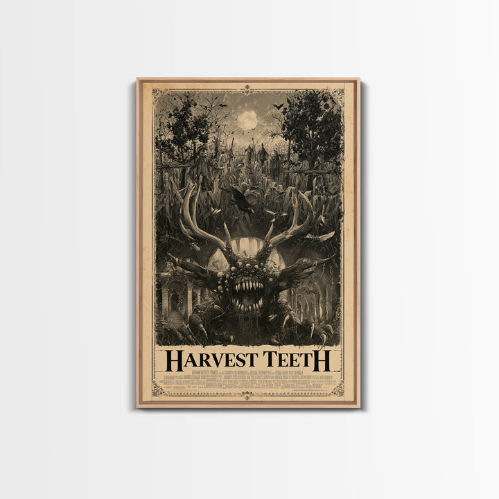 Harvest Teeth, English Language Horror Movie Poster, Architectural Etching Art, Classic Monster Poster, Framed Canvas Print