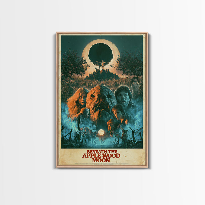Beneath The Apple-Wood Moon, English Language Horror Movie Poster, 1980s Vhs Nightmare Cover Inspired Art, Retro Horror Movie Art