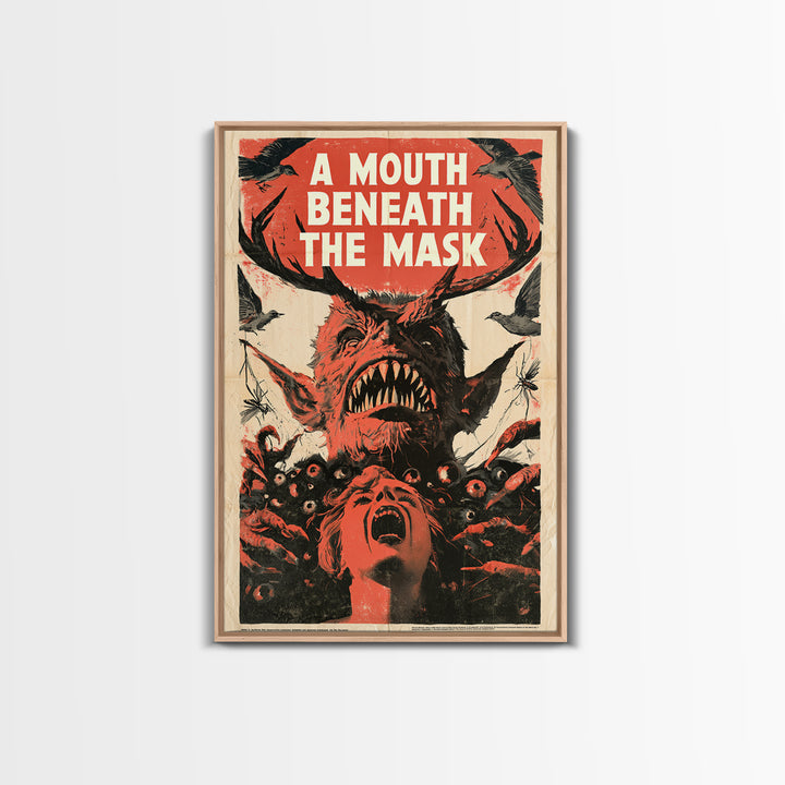 A Mouth Beneath The Mask, English Language Horror Movie Poster, 1950s Creature-Feature One-Sheet Inspired Art, Classic Monster Poster