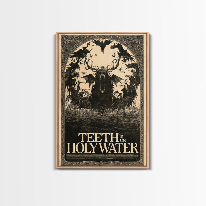 Teeth In The Holy Water, English Language Horror Movie Poster, Decadent Line Art, Classic Monster Poster, Framed Canvas Print