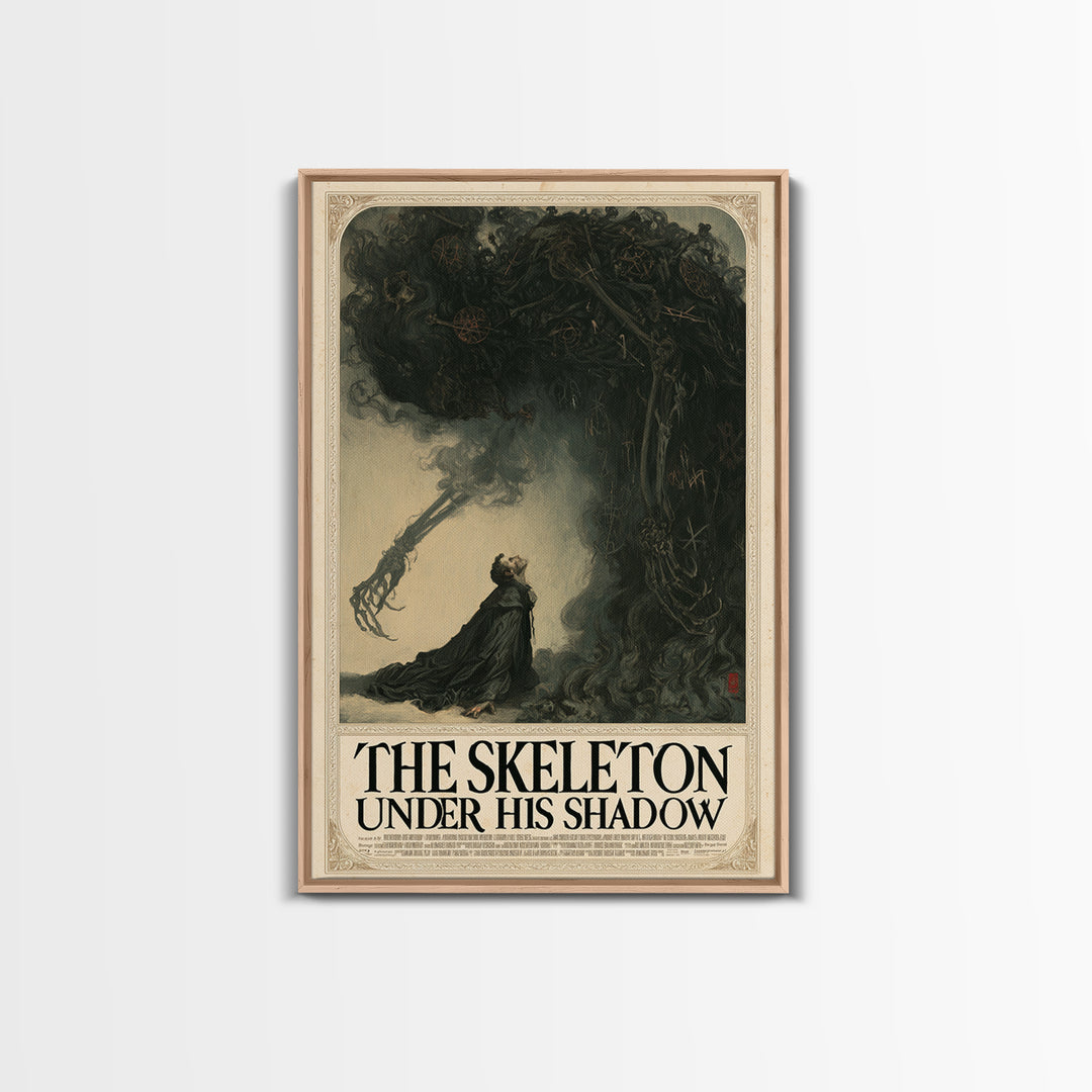 The Skeleton Under His Shadow, English Language Horror Movie Poster, Gothic Nightmare Art, Cult Horror Poster, Framed Canvas Print