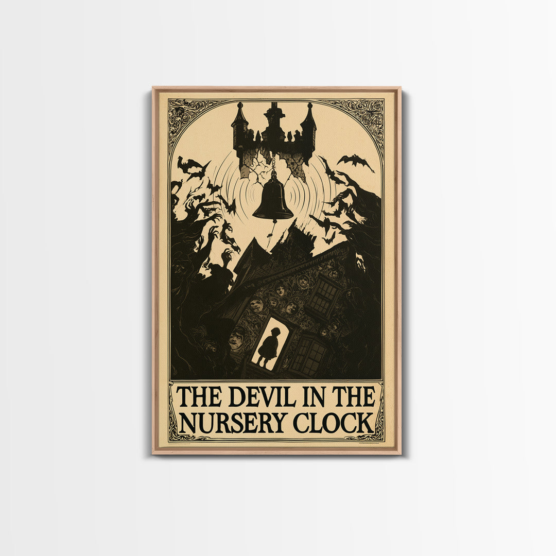 The Devil In The Nursery Clock, English Language Horror Movie Poster, Decadent Line Art, Cult Horror Poster, Framed Canvas Print