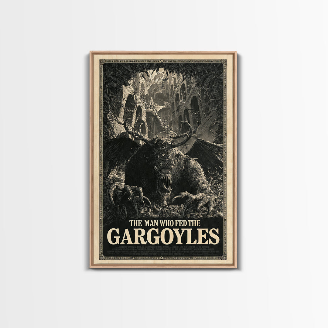 The Man Who Fed The Gargoyles, English Language Horror Movie Poster, Architectural Etching Art, Cult Horror Poster