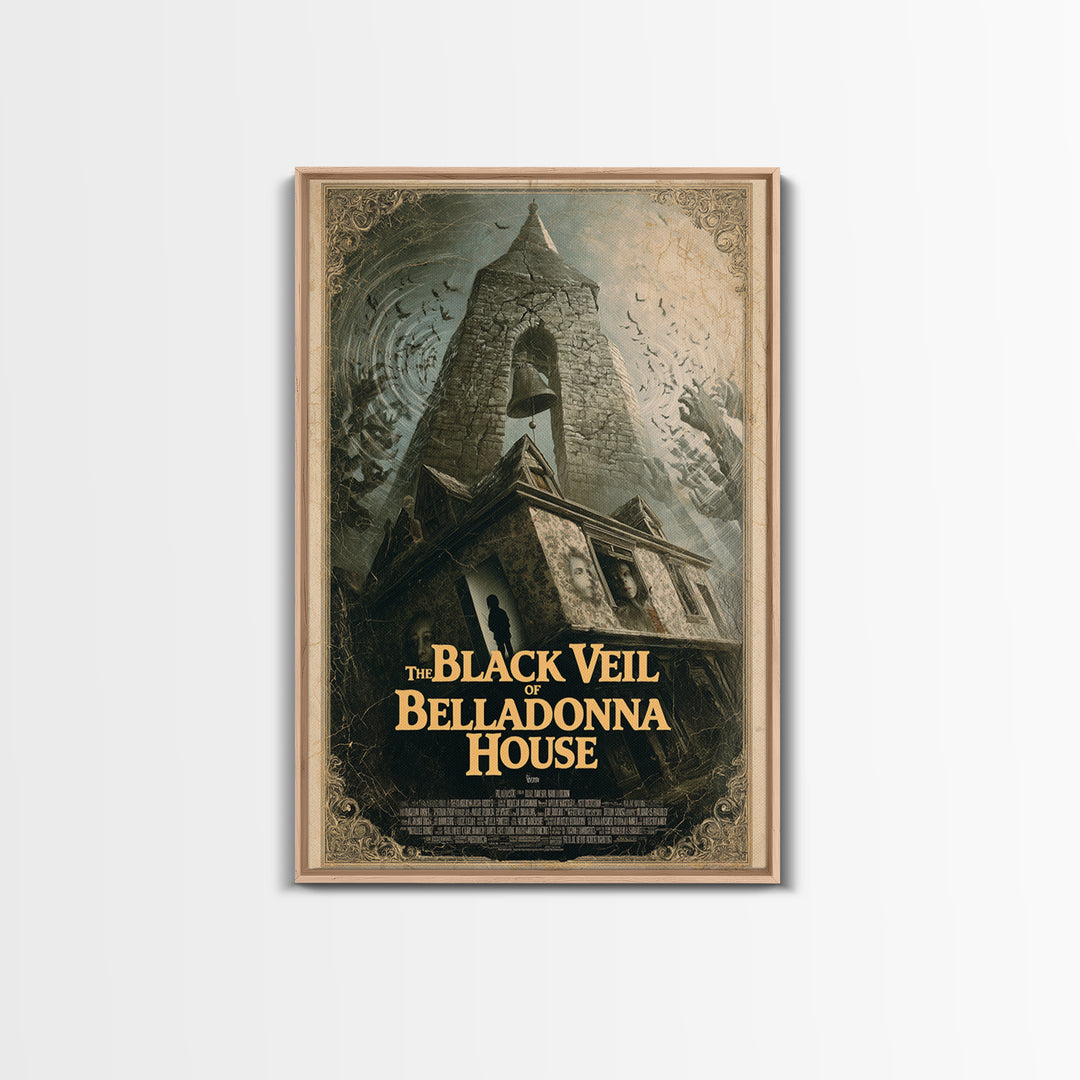 The Black Veil Of Belladonna House, English Language Horror Movie Poster, 1980s Vhs Nightmare Cover Inspired Art, Cult Horror Poster