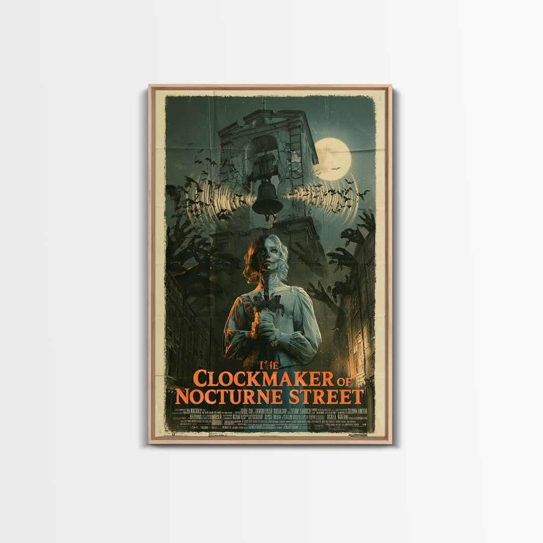 The Clockmaker Of Nocturne Street, English Language Horror Movie Poster, Giallo Horror Art, Retro Horror Movie Art, Framed Canvas Print