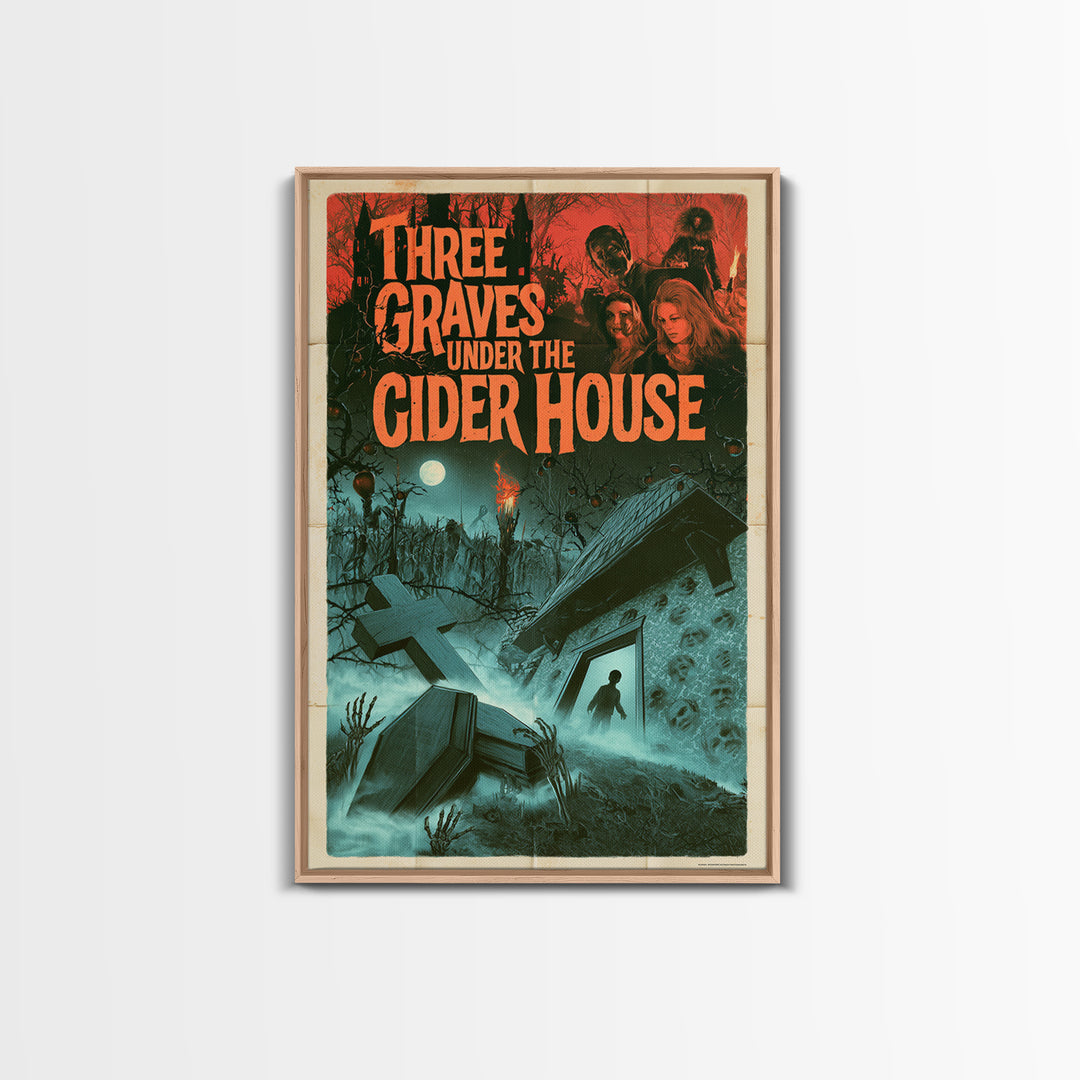 Three Graves Under The Cider House, English Language Horror Movie Poster, 1960s Horror Art, Gothic Cinema Wall Art, Framed Canvas Print
