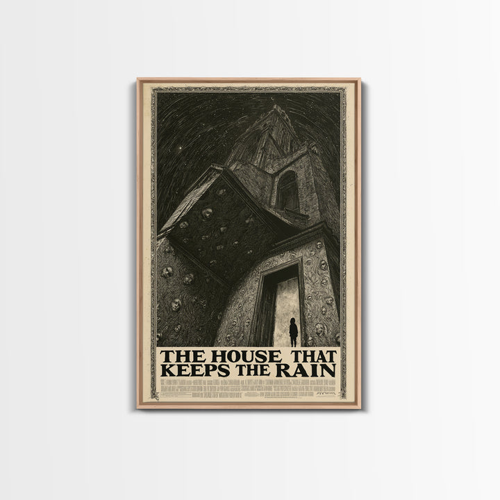 The House That Keeps The Rain, English Language Horror Movie Poster, Gothic Engraving Art, Retro Horror Movie Art, Framed Canvas Print