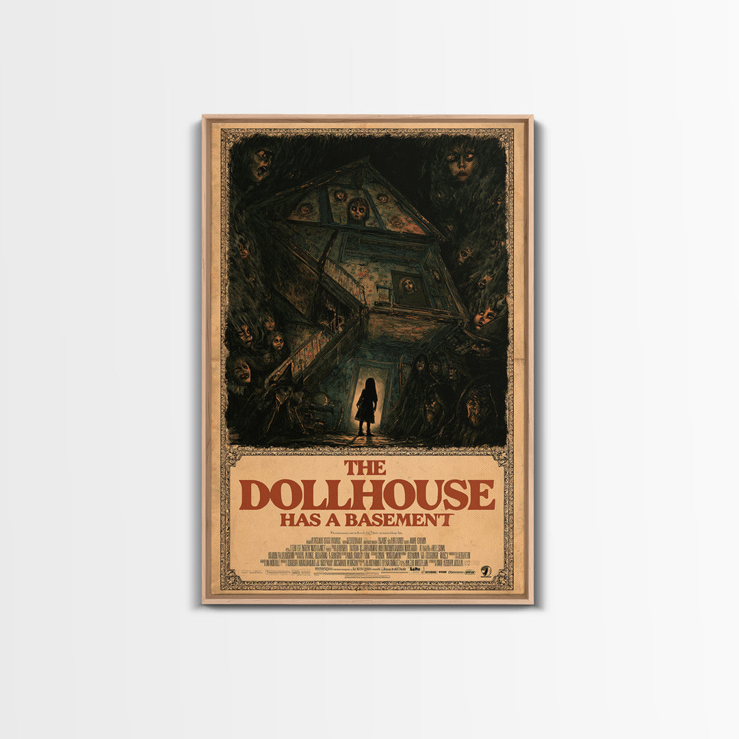 The Dollhouse Has A Basement, English Language Horror Movie Poster, Dark Romantic Horror Art, Retro Horror Movie Art, Framed Canvas Print