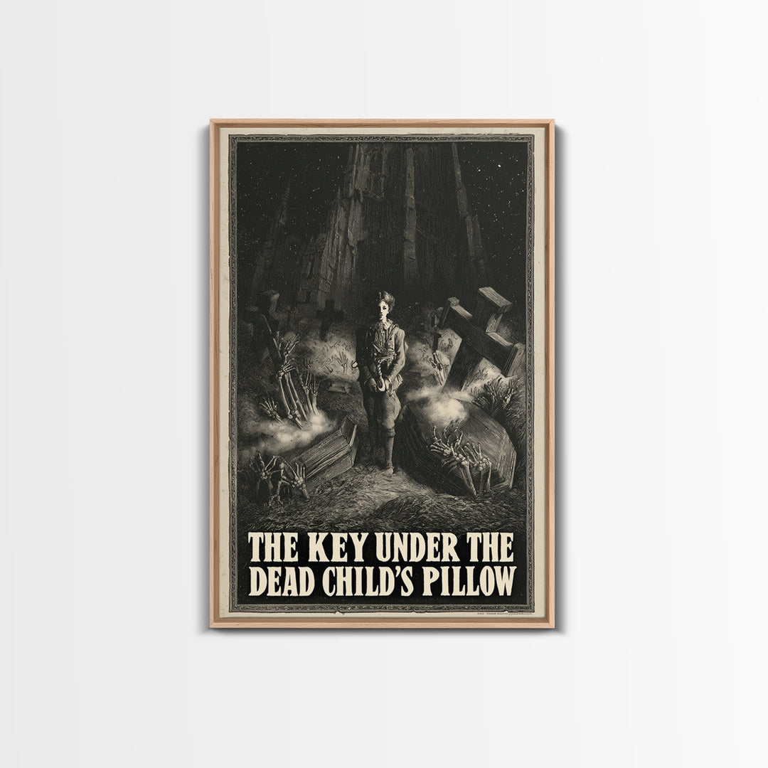 The Key Under The Dead Child'S Pillow, English Language Horror Movie Poster, Gothic Engraving Art, Retro Horror Movie Art, Canvas Print
