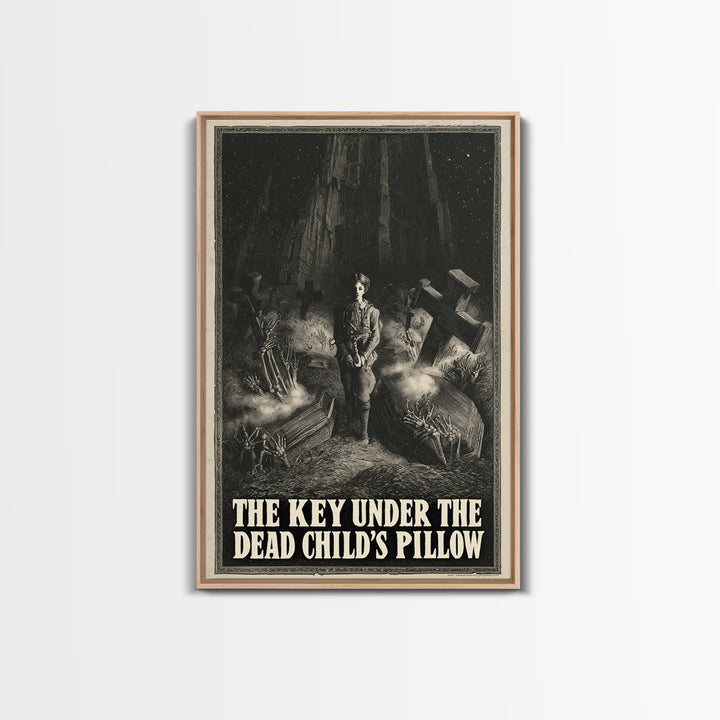 The Key Under The Dead Child'S Pillow, English Language Horror Movie Poster, Gothic Engraving Art, Retro Horror Movie Art, Canvas Print