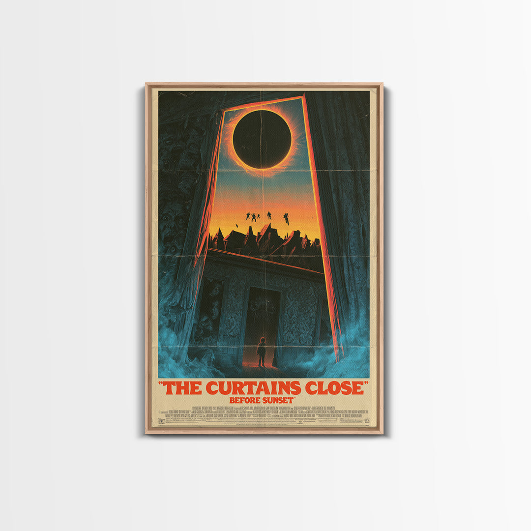 The Curtains Close Before Sunset, English Language Horror Movie Poster, 1980s Vhs Nightmare Cover Inspired Art, Cult Horror Poster