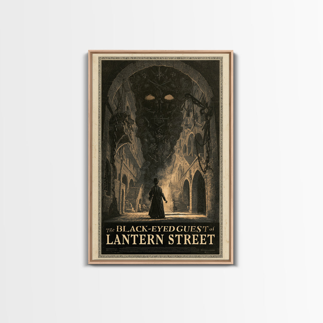 The Black-Eyed Guest Of Lantern Street, English Language Horror Movie Poster, Architectural Etching Art, Framed Canvas Print