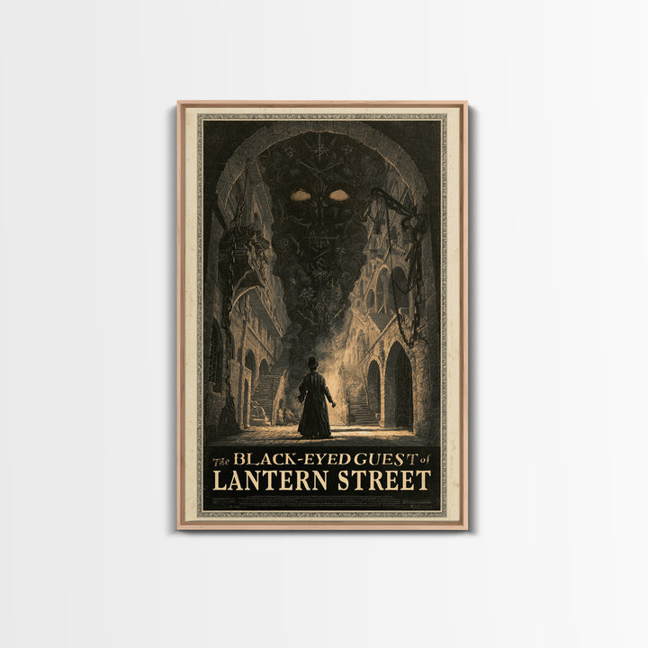 The Black-Eyed Guest Of Lantern Street, English Language Horror Movie Poster, Architectural Etching Art, Framed Canvas Print