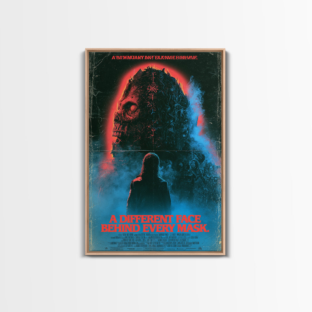 A Different Face Behind Every Mask, English Language Horror Movie Poster, 1980s Vhs Nightmare Cover Inspired Art, Classic Monster Poster