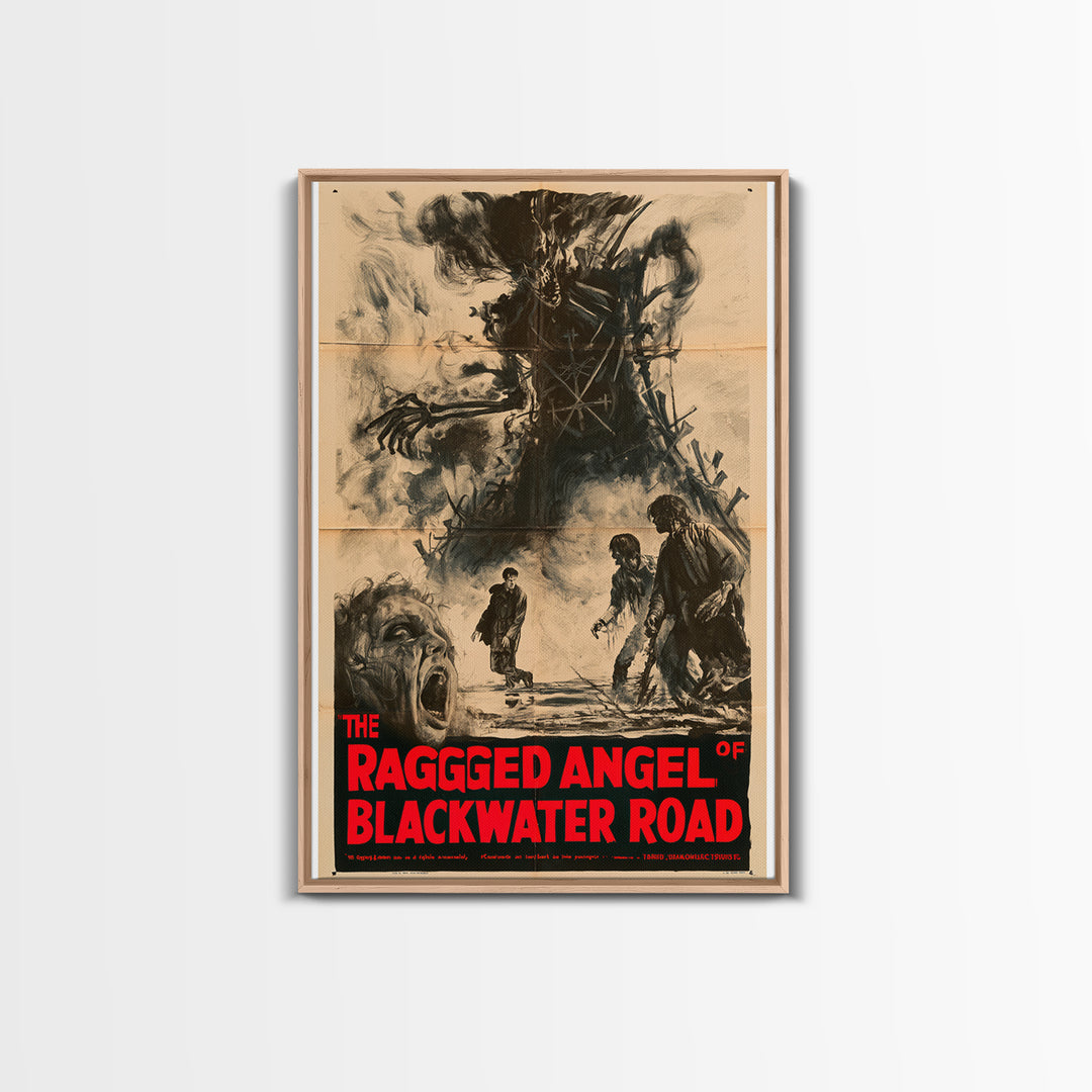 The Ragged Angel Of Blackwater Road, English Language Horror Movie Poster, 1950s Creature-Feature One-Sheet Inspired Art, Cult Horror Poster