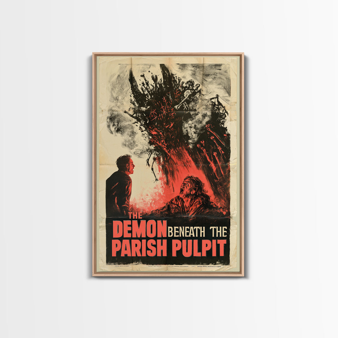 The Demon Beneath The Parish Pulpit, English Language Horror Movie Poster, 1950s Creature-Feature One-Sheet Inspired Art, Canvas Print