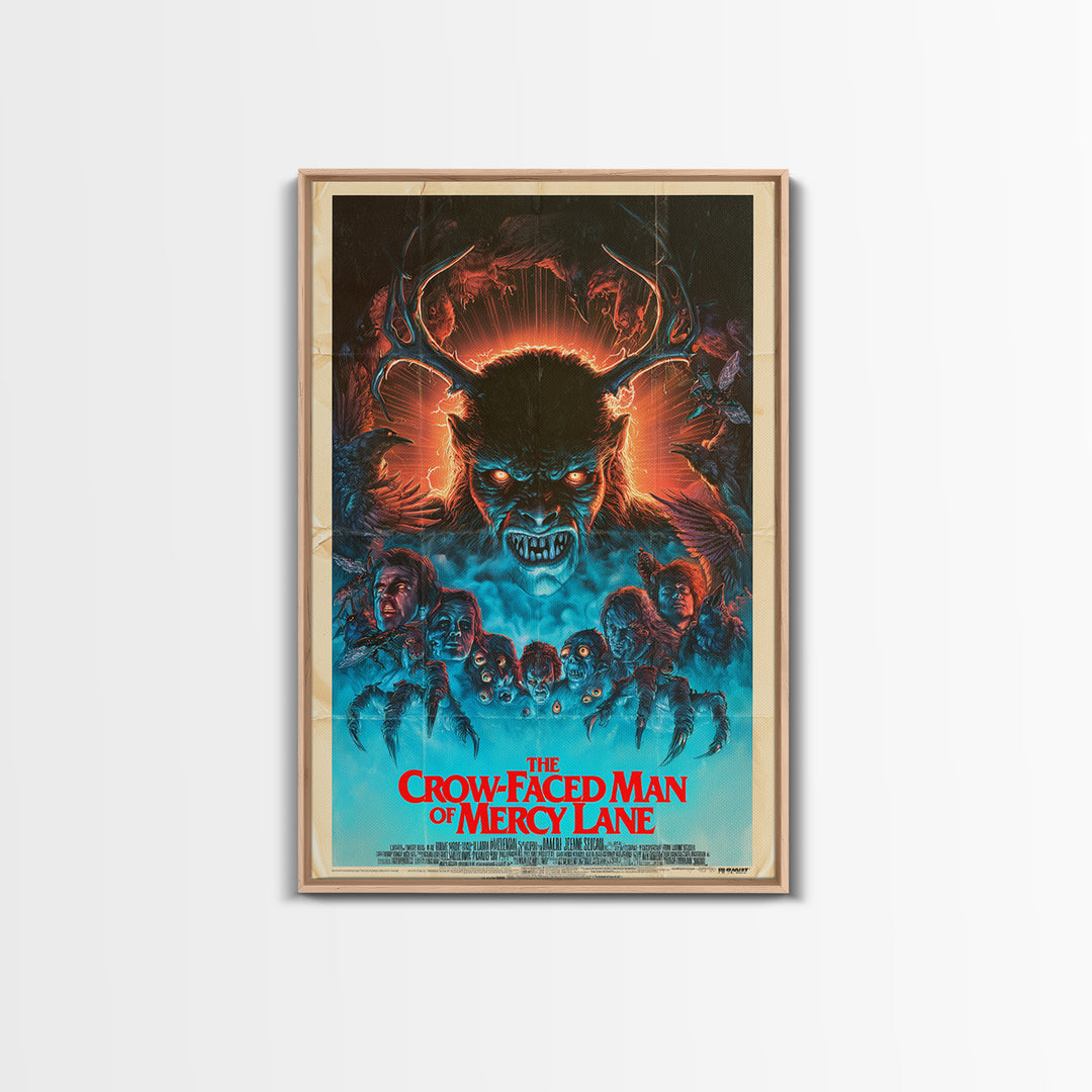 The Crow-Faced Man Of Mercy Lane, English Language Horror Movie Poster, 1980s Vhs Nightmare Cover Inspired Art, Classic Monster Poster