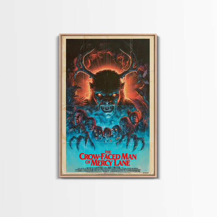 The Crow-Faced Man Of Mercy Lane, English Language Horror Movie Poster, 1980s Vhs Nightmare Cover Inspired Art, Classic Monster Poster