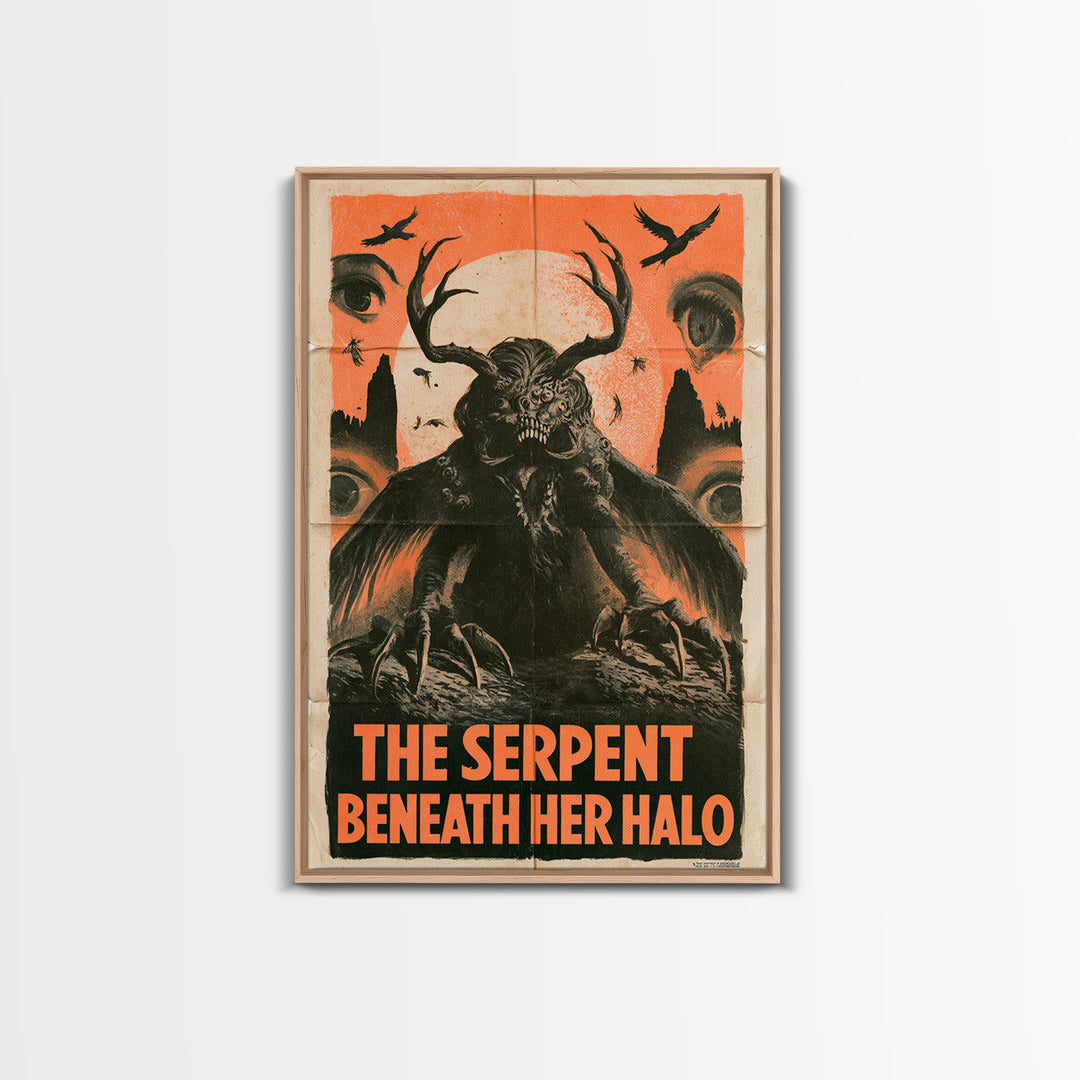 The Serpent Beneath Her Halo, English Language Horror Movie Poster, 1930s Horror Art, Retro Horror Movie Art, Framed Canvas Print